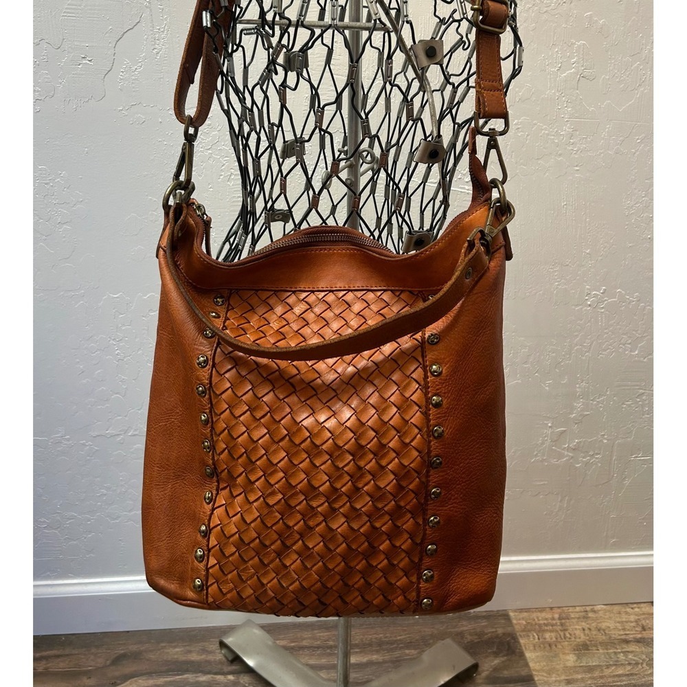 Vilenca Holland Leather Woven Studded Crossbody Hobo Bag Brown Boho Large